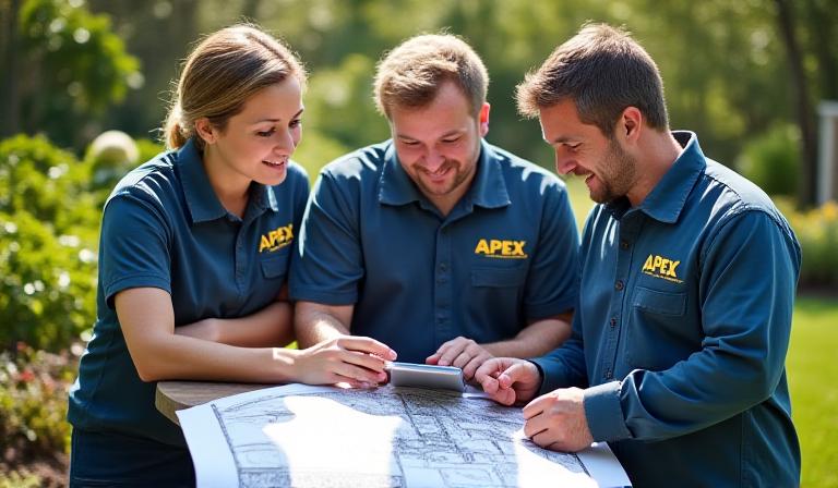 Apex Landscaping team reviewing project plans on a tablet