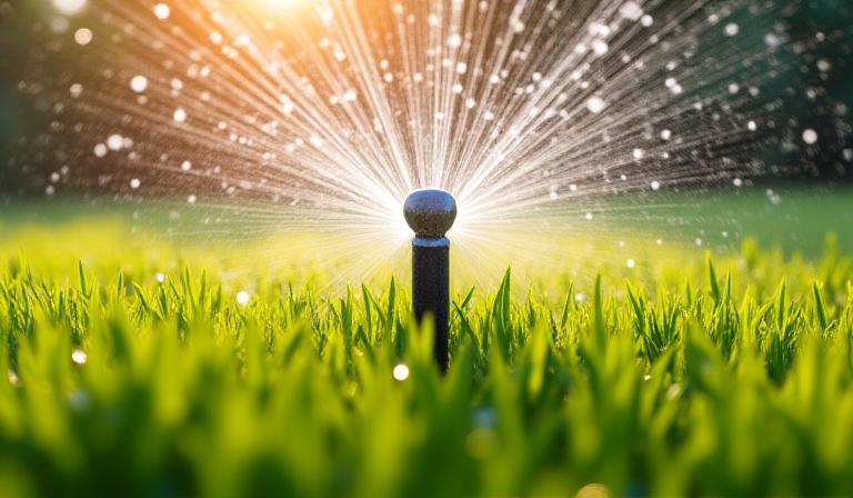 Sprinkler system watering a lush green lawn