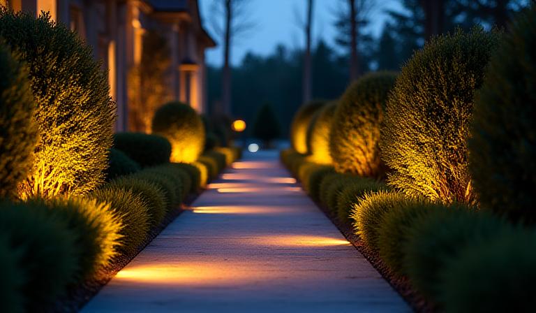 Illuminated pathway and garden at night