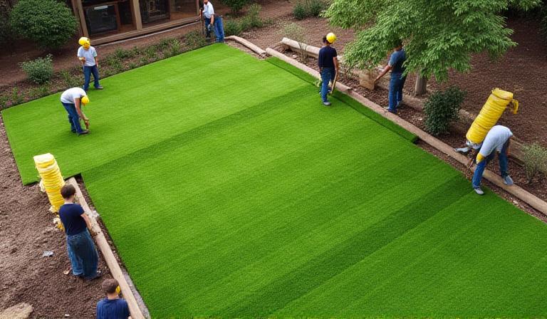 Freshly laid sod being rolled by landscaping professionals