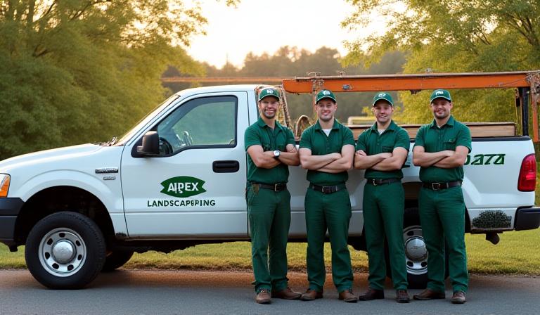 Apex Landscaping team with company truck and equipment, ready for work.